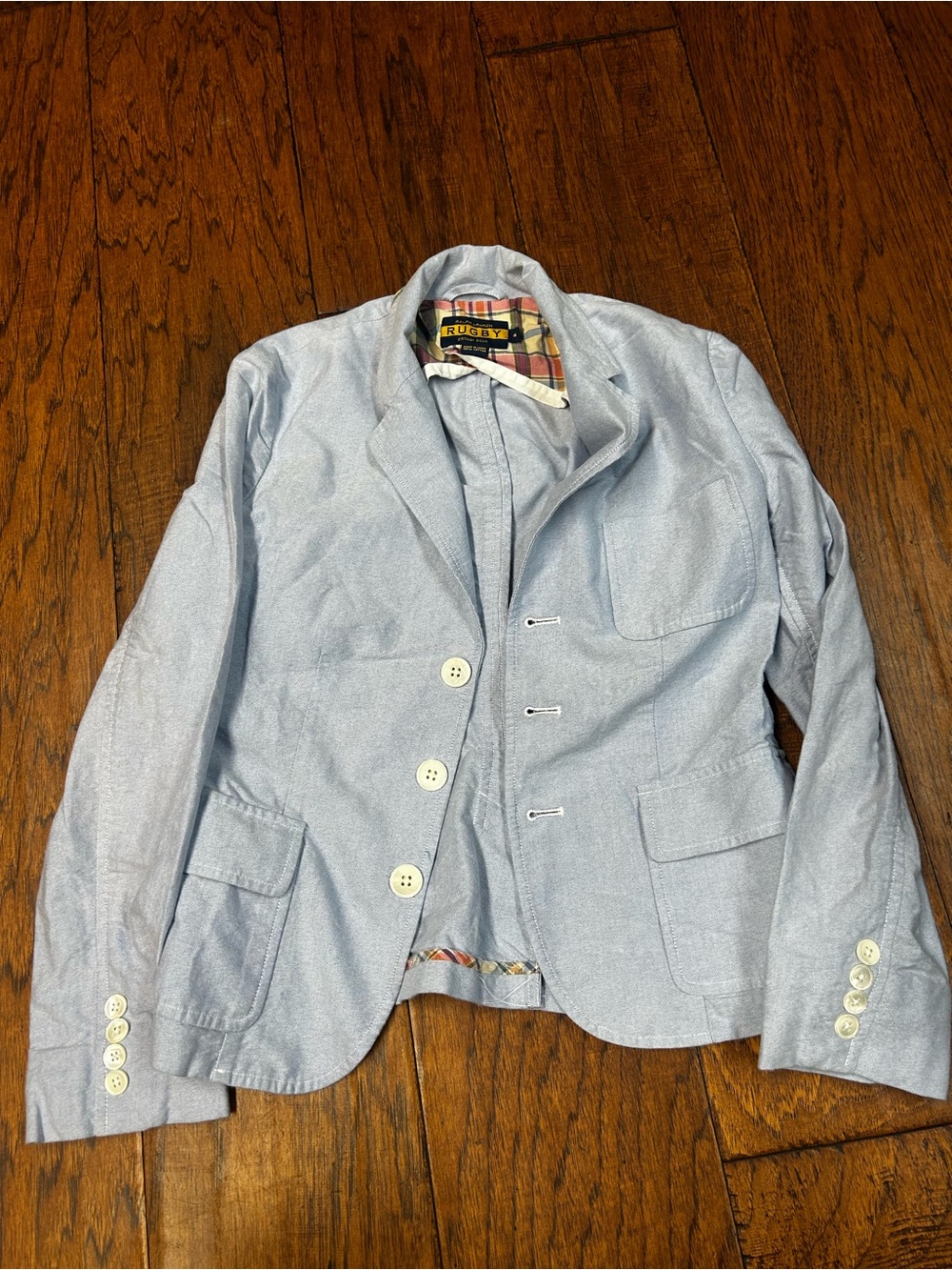 Rugby Ralph Lauren Light Blue Oxford Blazer Jacket Madras Plaid Ivy Preppy